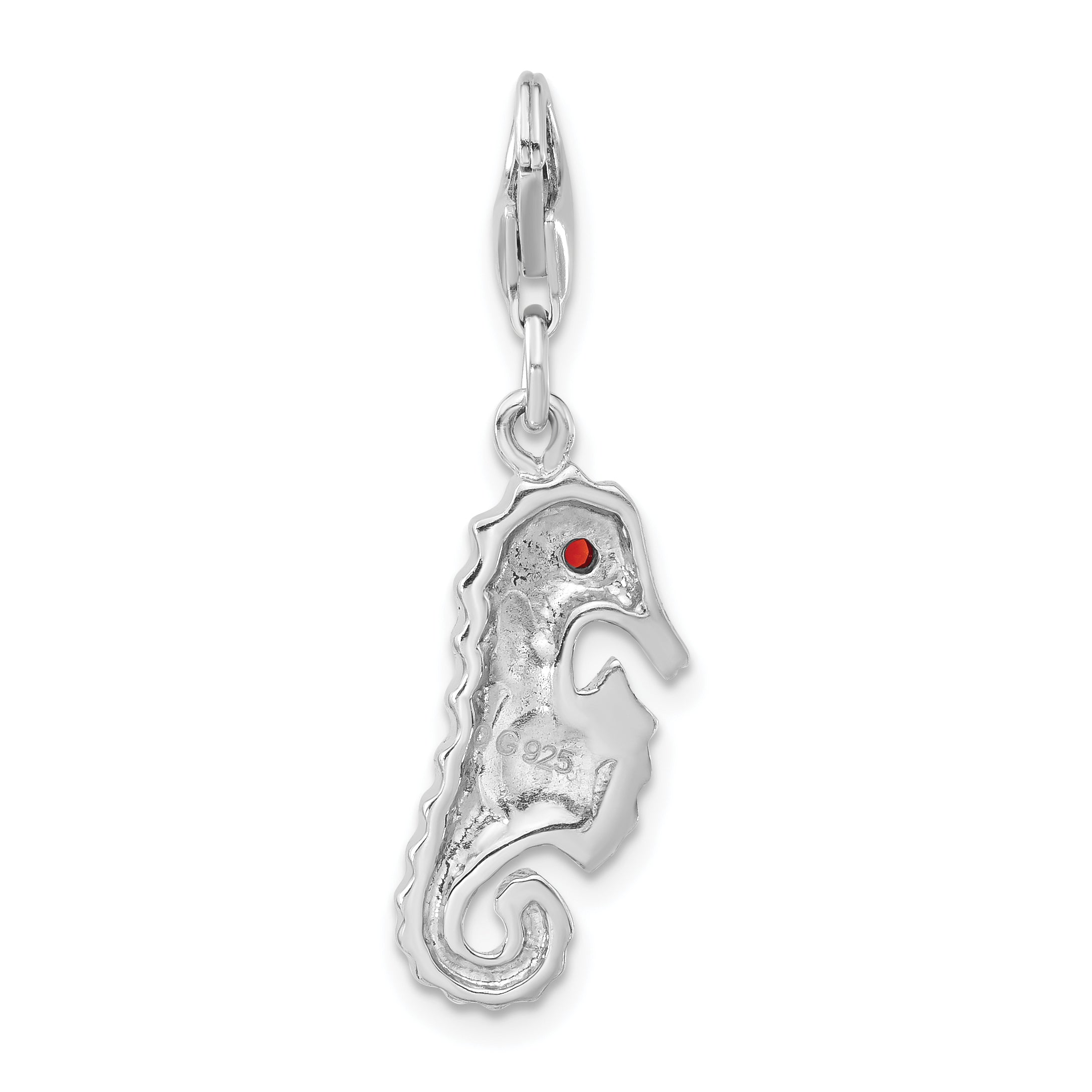 Sterling Silver Polished Red Cz & Enamel Seahorse W/ Lobster Clasp Charm