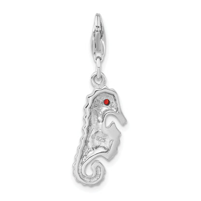 Sterling Silver Polished Red Cz & Enamel Seahorse W/ Lobster Clasp Charm