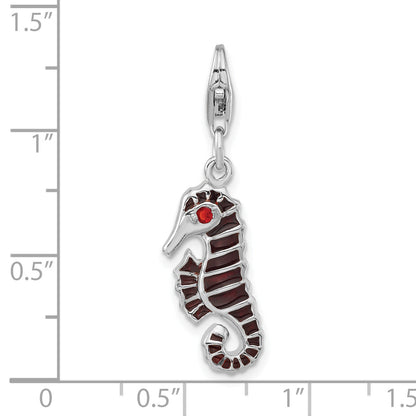 Sterling Silver Polished Red Cz & Enamel Seahorse W/ Lobster Clasp Charm