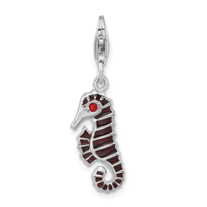 Sterling Silver Polished Red Cz & Enamel Seahorse W/ Lobster Clasp Charm