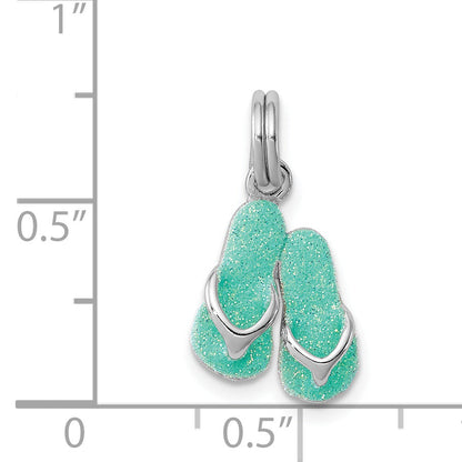 Sterling Silver Rhodium-Platedgreen Enamel Flip Flops Charm