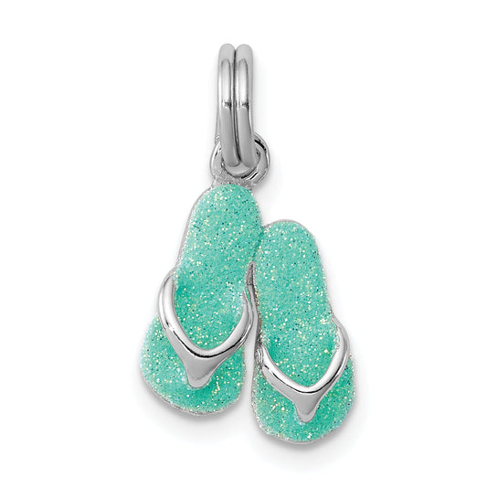 Sterling Silver Rhodium-Platedgreen Enamel Flip Flops Charm