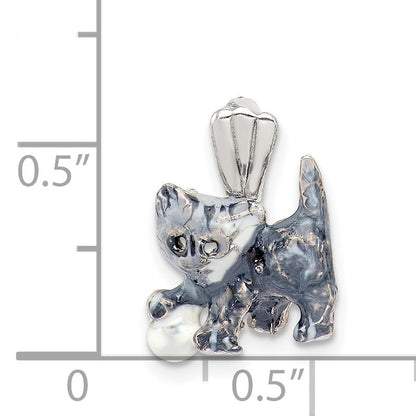 Sterling Silver Enamel Grey & White Cat Pendant Playing With Ball