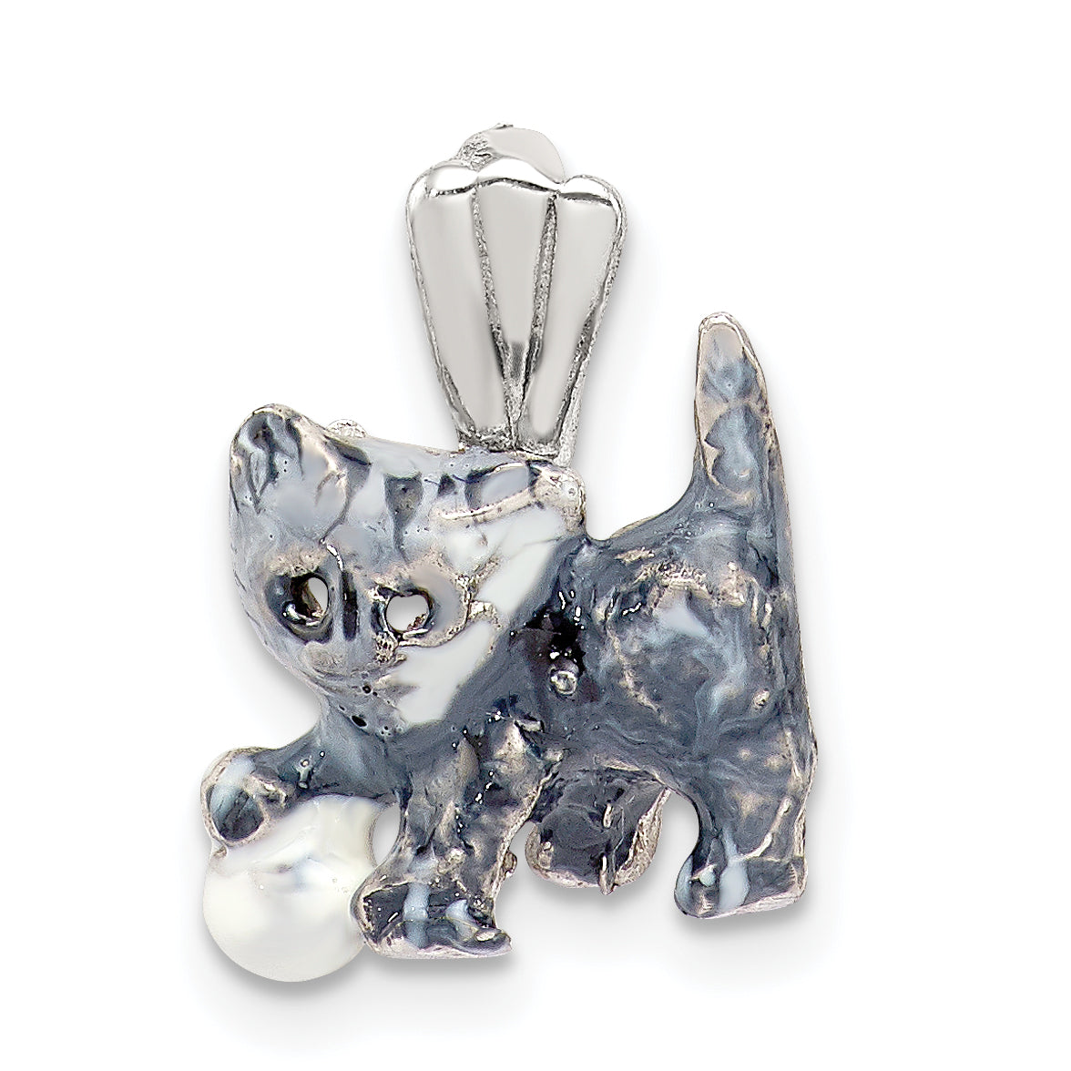 Sterling Silver Enamel Grey & White Cat Pendant Playing With Ball