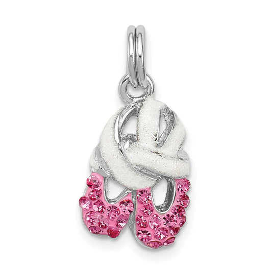 Sterling Silver Rhodium-Plated Pink Cz Enamel Ballet Slipper Charm