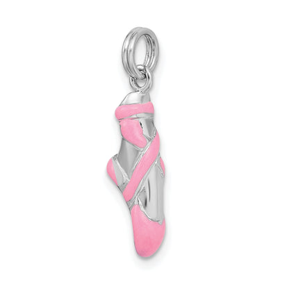 Sterling Silver Rhodium-Platedpink Enamel Ballet Slipper Charm