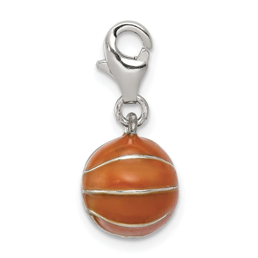 Sterling Silver Rhodium-Plated 3D Enameled Basketball Charm