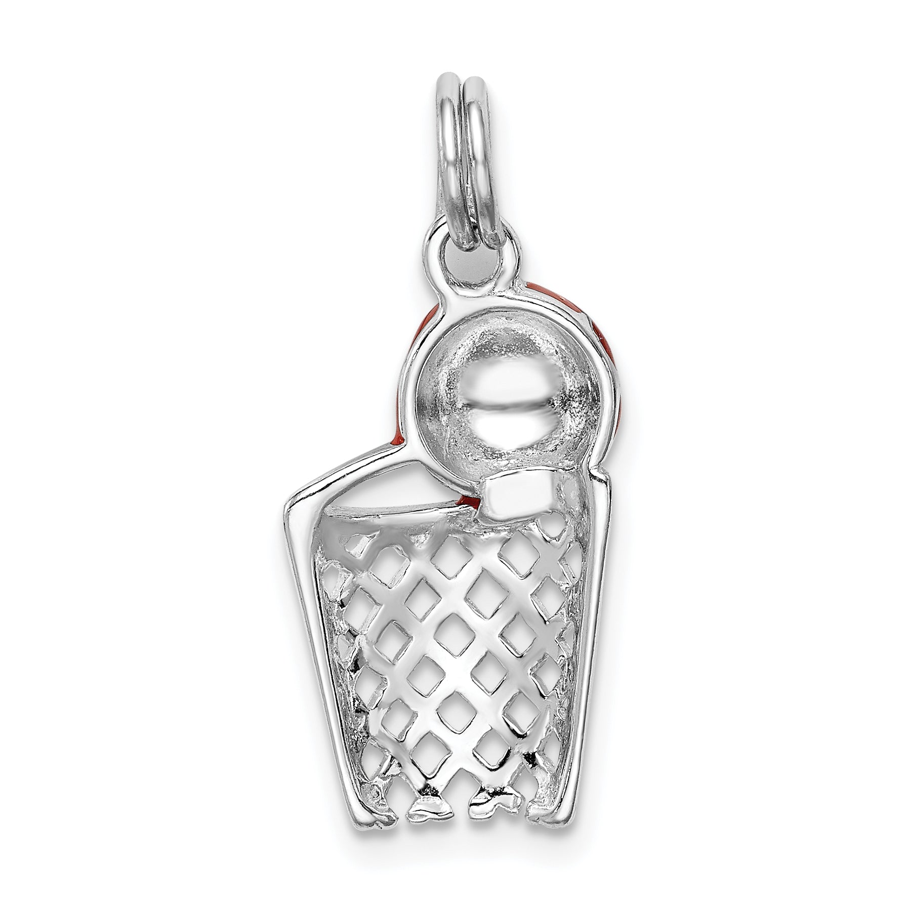 Sterling Silver Rhodium-Platedenamel Basketball & Hoop Charm