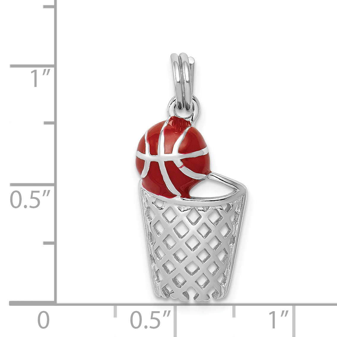 Sterling Silver Rhodium-Platedenamel Basketball & Hoop Charm