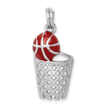 Sterling Silver Rhodium-Platedenamel Basketball & Hoop Charm
