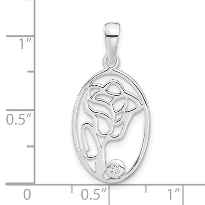 Sterling Silver Polished Cz Rose Oval Pendant