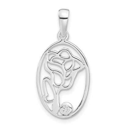 Sterling Silver Polished Cz Rose Oval Pendant