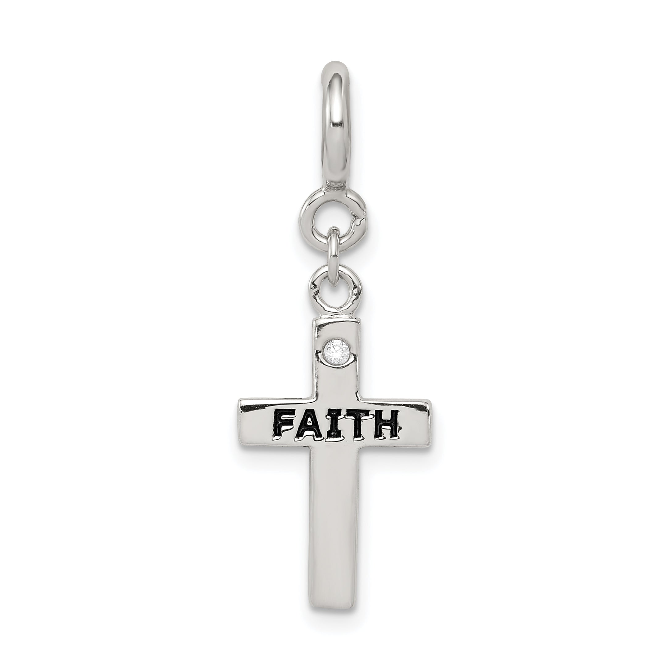 Sterling Silver Rhodium-Plated Cz Faith Cross Clip-On Charm