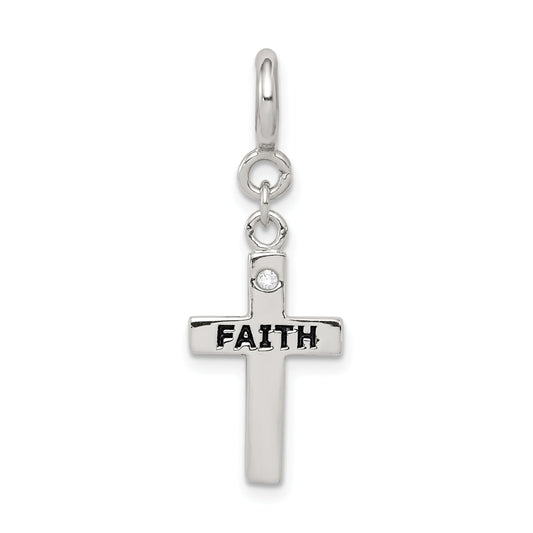 Sterling Silver Rhodium-Plated Cz Faith Cross Clip-On Charm
