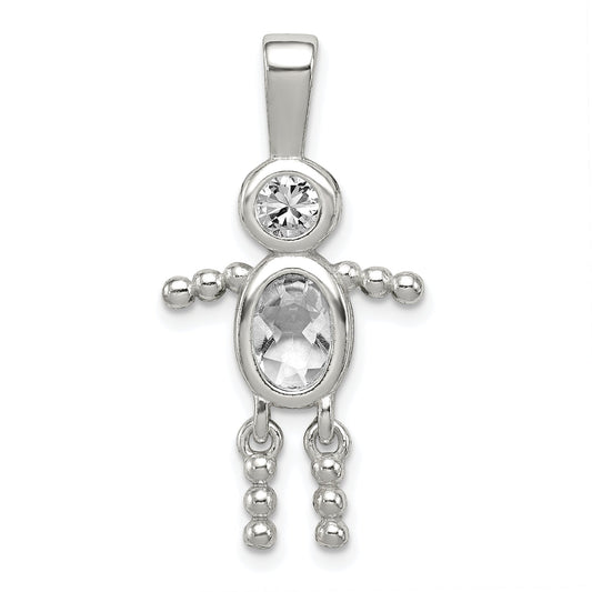 Sterling Silver Rhodium-Plated Cz & April Glass Boy Pendant