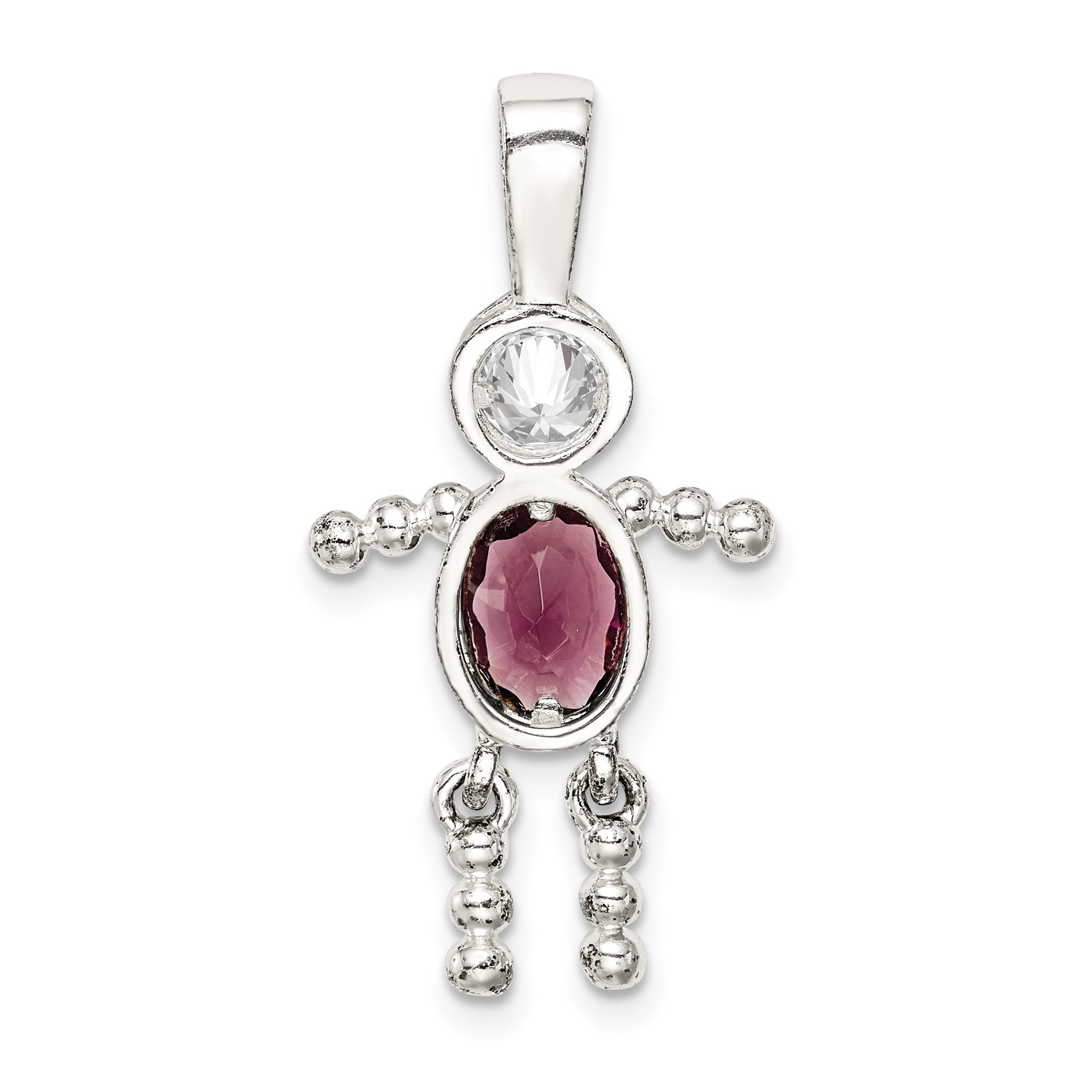 Sterling Silver Rhodium-Plated Cz & February Glass Boy Pendant
