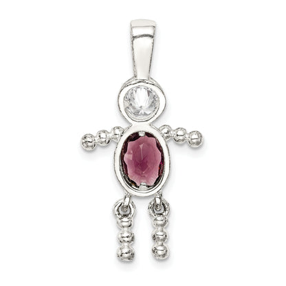 Sterling Silver Rhodium-Plated Cz & February Glass Boy Pendant