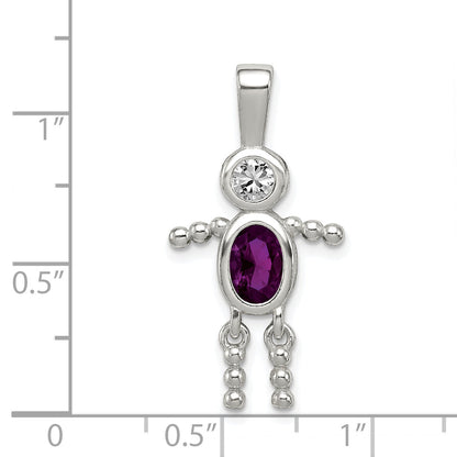 Sterling Silver Rhodium-Plated Cz & February Glass Boy Pendant