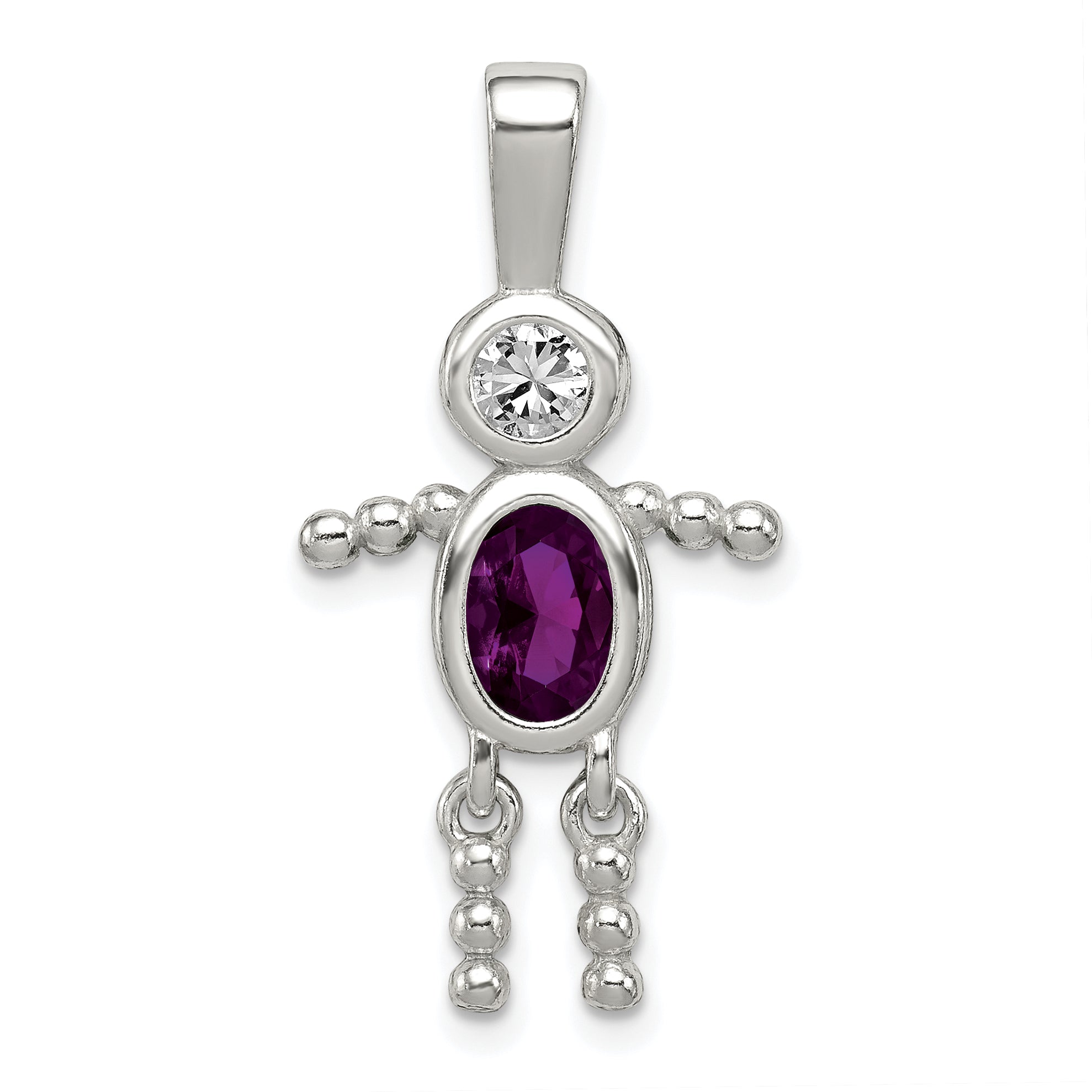 Sterling Silver Rhodium-Plated Cz & February Glass Boy Pendant