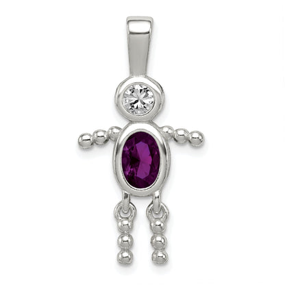 Sterling Silver Rhodium-Plated Cz & February Glass Boy Pendant