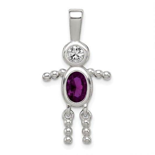 Sterling Silver Rhodium-Plated Cz & February Glass Boy Pendant