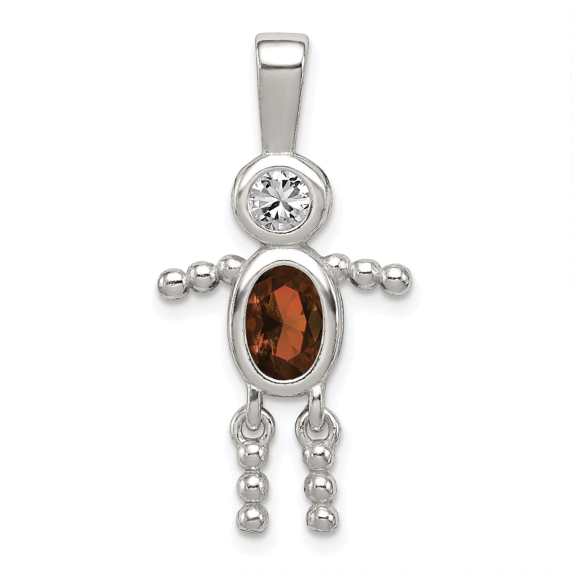 Sterling Silver Rhodium-Plated Cz & January Glass Boy Pendant
