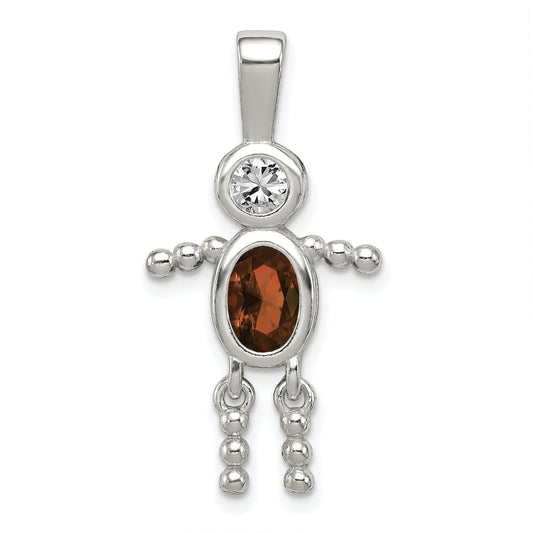 Sterling Silver Rhodium-Plated Cz & January Glass Boy Pendant
