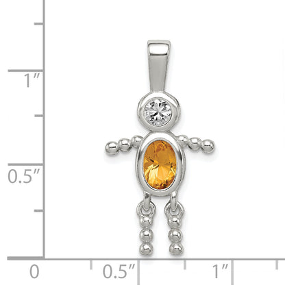 Sterling Silver Rhodium-Plated Cz & November Glass Boy Pendant