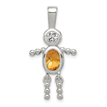 Sterling Silver Rhodium-Plated Cz & November Glass Boy Pendant