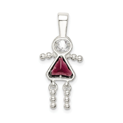 Sterling Silver Rhodium-Plated Cz & February Glass Girl Pendant