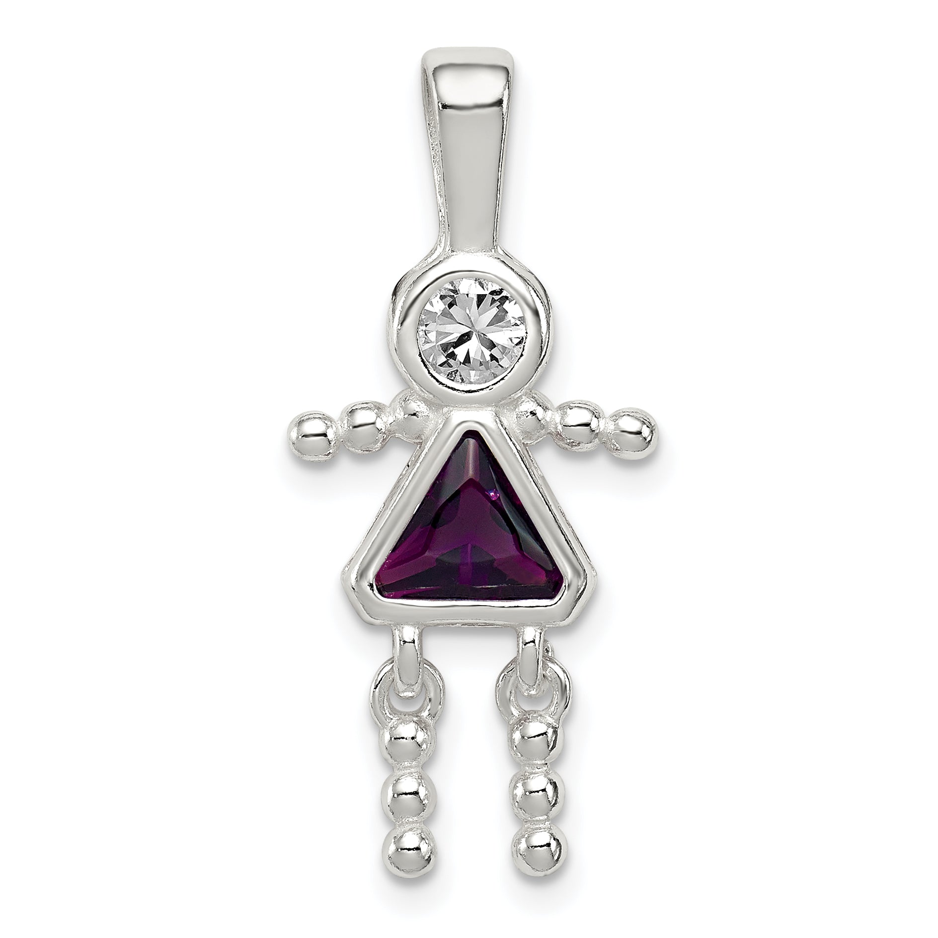 Sterling Silver Rhodium-Plated Cz & February Glass Girl Pendant
