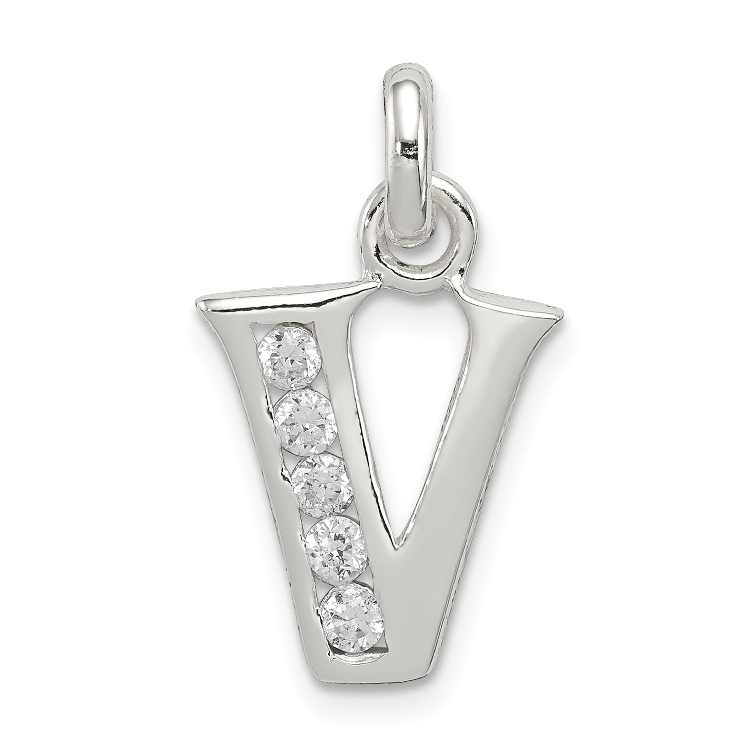 Sterling Silver White Cz Letter V Initial Pendant