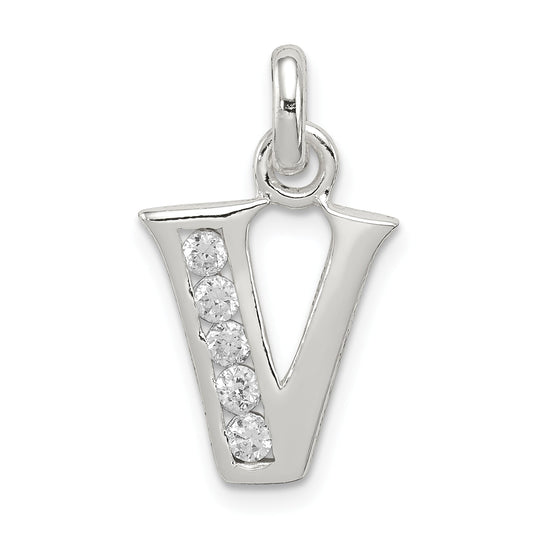 Sterling Silver White Cz Letter V Initial Pendant
