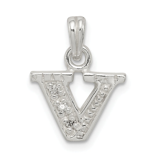 Sterling Silver Cz Letter V Initial Pendant