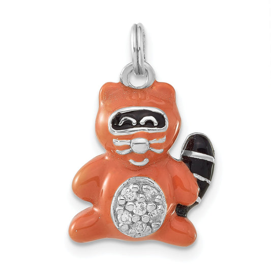Sterling Silver Polished Cz Enameled Raccoon Charm