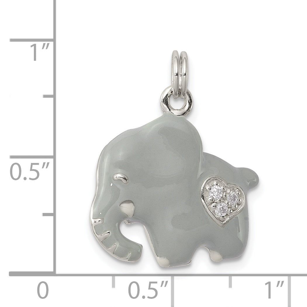 Sterling Silver Cz Grey Enameled Polished Elephant Charm