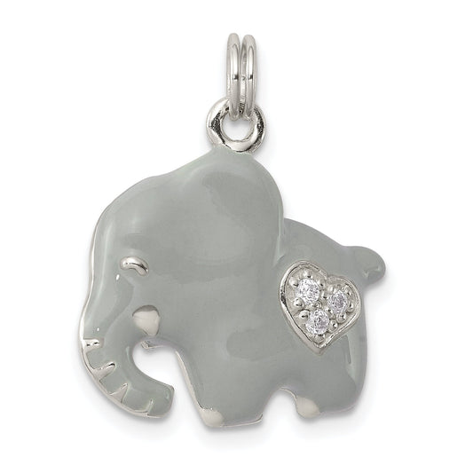 Sterling Silver Cz Grey Enameled Polished Elephant Charm