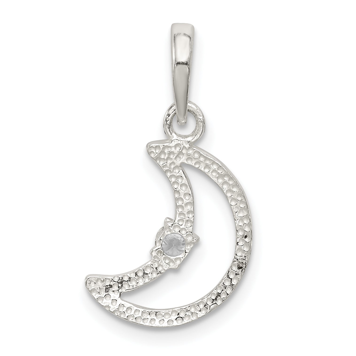 Sterling Silver & Cz Polished Moon Pendant