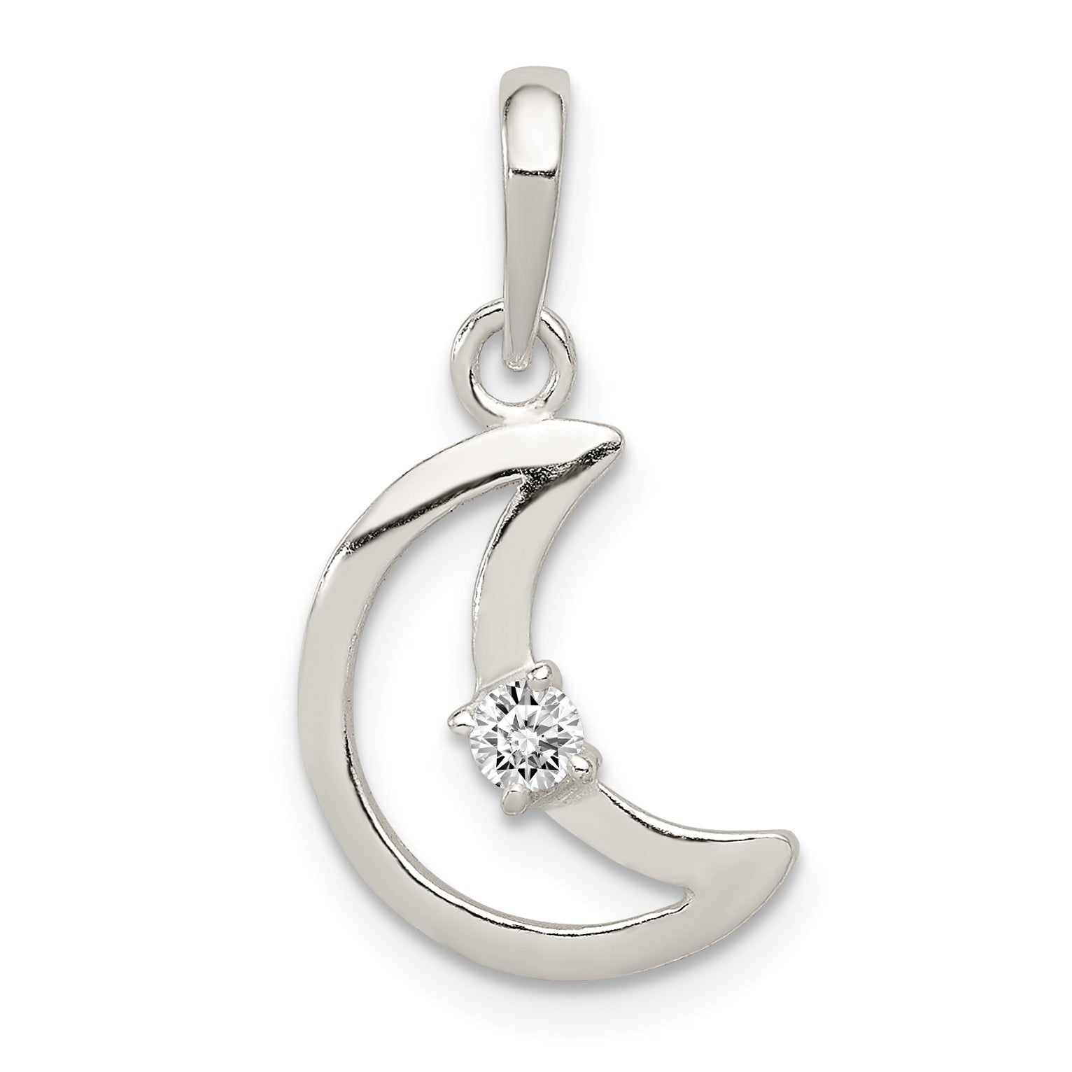 Sterling Silver & Cz Polished Moon Pendant