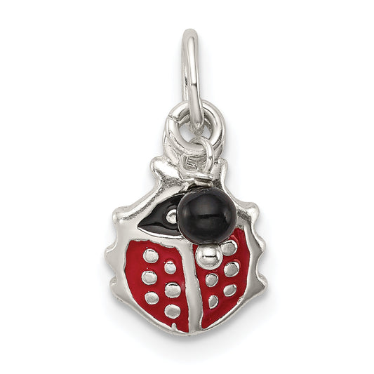 Sterling Silver Red Enameled Ladybug W/Bead Charm