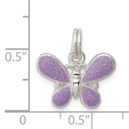 Sterling Silver Rhodium-Plated Purple Enamel Polished Butterfly Charm