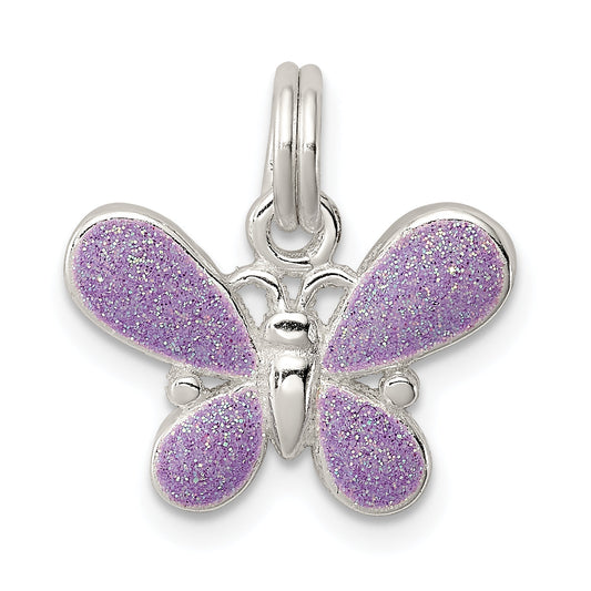 Sterling Silver Rhodium-Plated Purple Enamel Polished Butterfly Charm