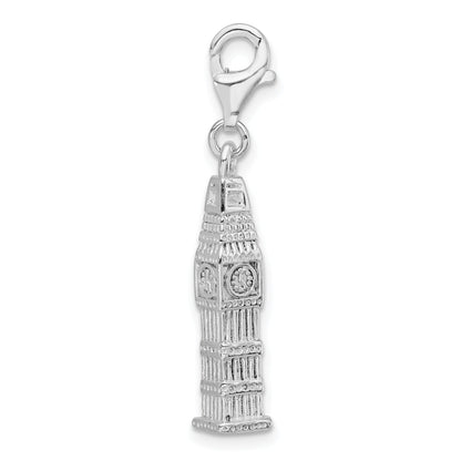 Sterling Silver 3-D Polished Clock Tower W/ Fancy Lobster Clasp Charm