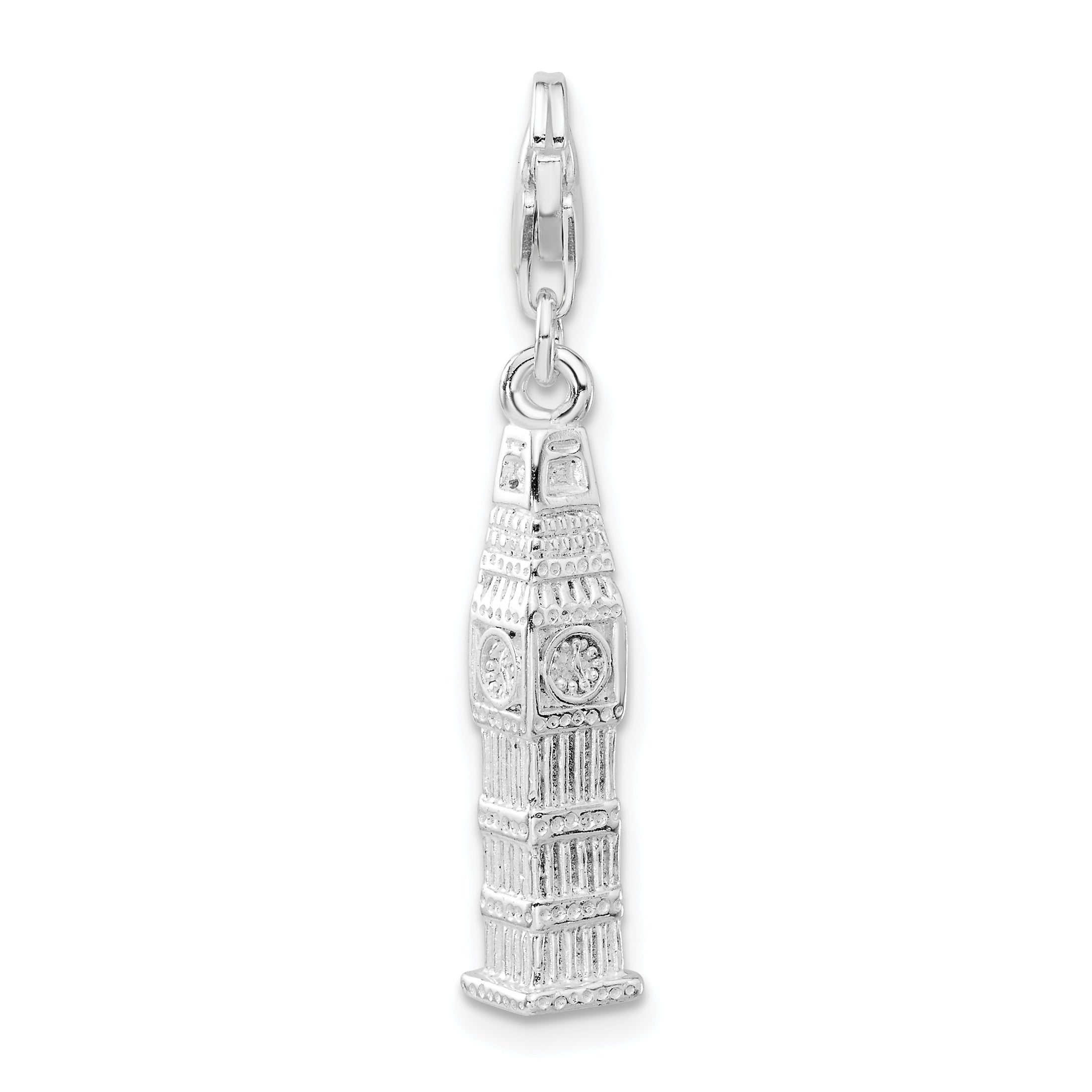 Sterling Silver 3-D Polished Clock Tower W/ Fancy Lobster Clasp Charm