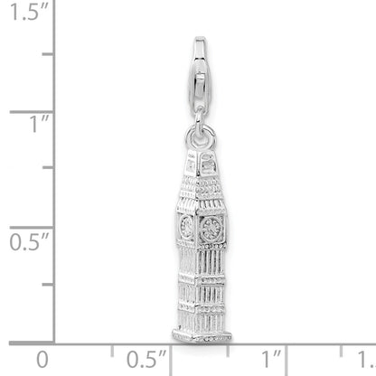 Sterling Silver 3-D Polished Clock Tower W/ Fancy Lobster Clasp Charm