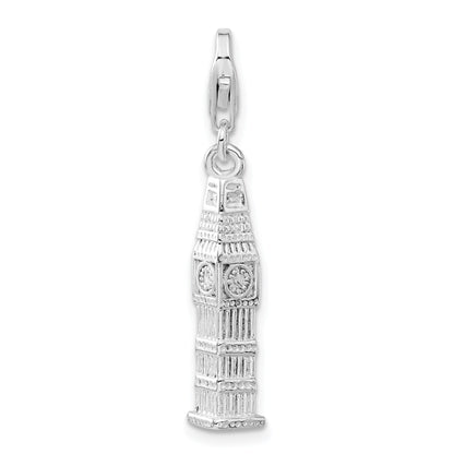 Sterling Silver 3-D Polished Clock Tower W/ Fancy Lobster Clasp Charm