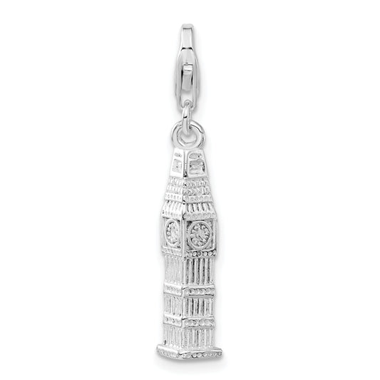 Sterling Silver 3-D Polished Clock Tower W/ Fancy Lobster Clasp Charm