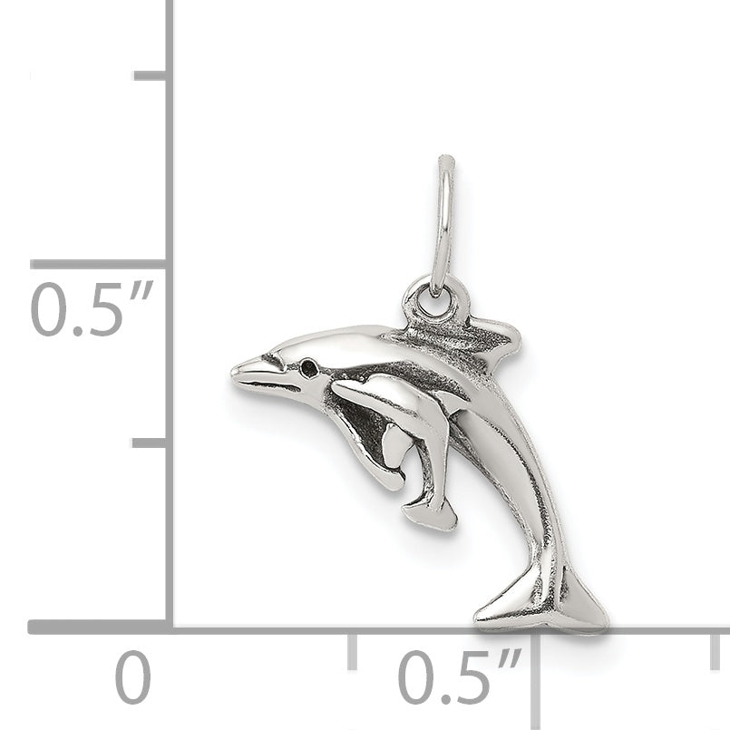 Sterling Silver Antiqued Dolphin W/Baby Charm