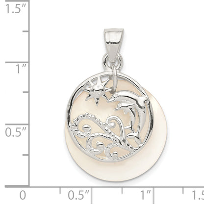 Sterling Silver Polished Dolphin & Waves Mother Of Pearl Pendant