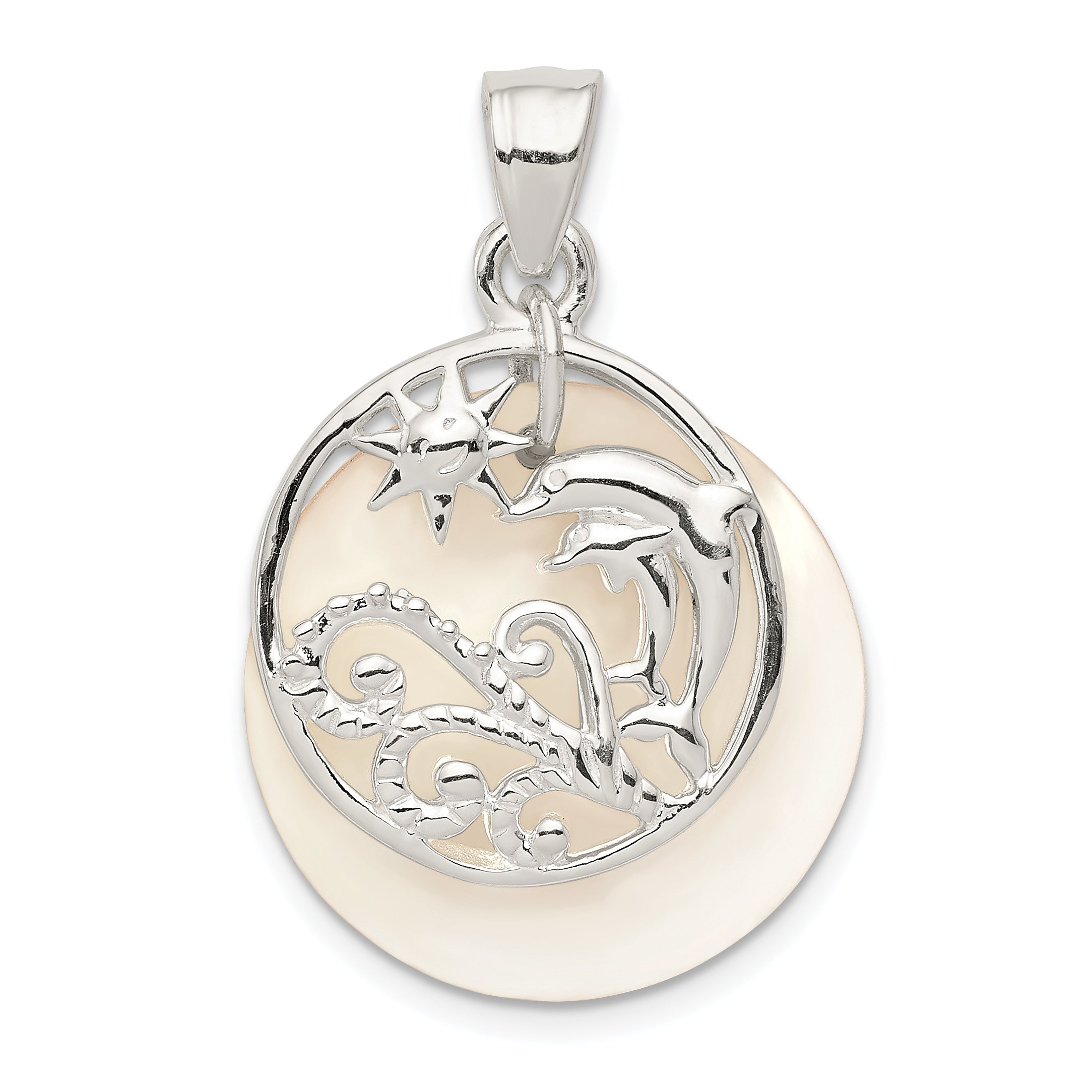 Sterling Silver Polished Dolphin & Waves Mother Of Pearl Pendant